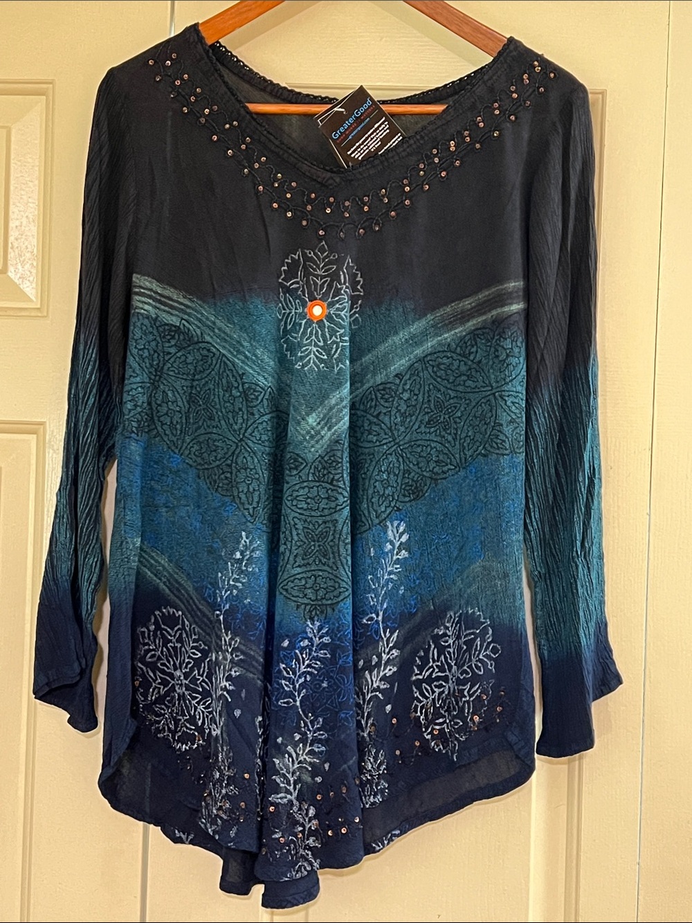 Long-Sleeve Embellished Boho Tunic Top in Navy & Teal Hand Printed & Dyed